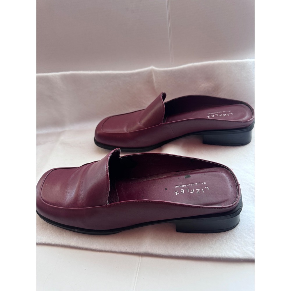 Liz Claiborne LizFlex Providence Burgundy Leather Mules Square Toe Loafers 9M